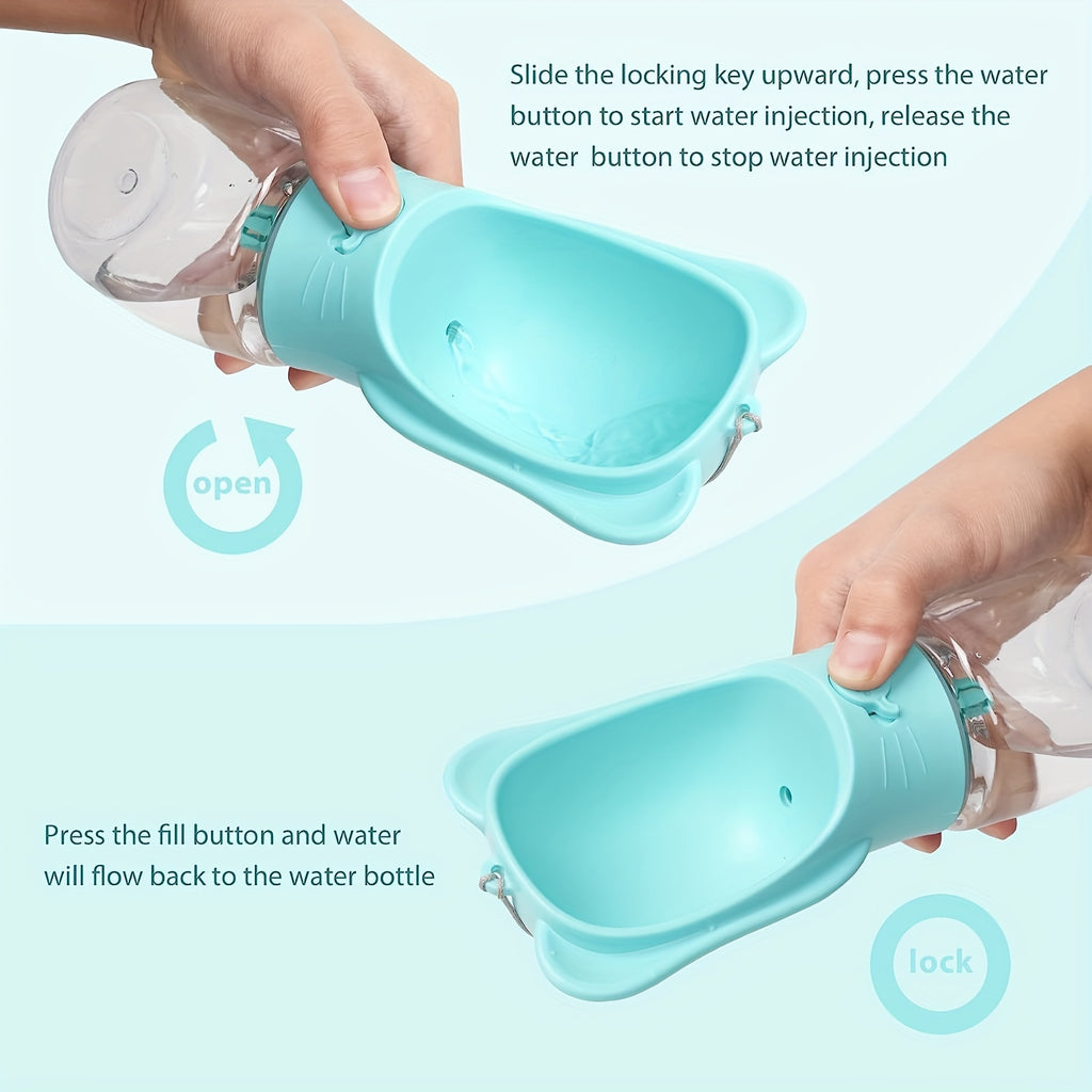 2 in 1 dog water bottle. Leak proof and portable, with food container. To be used anywhere. Hiking, walking, etc