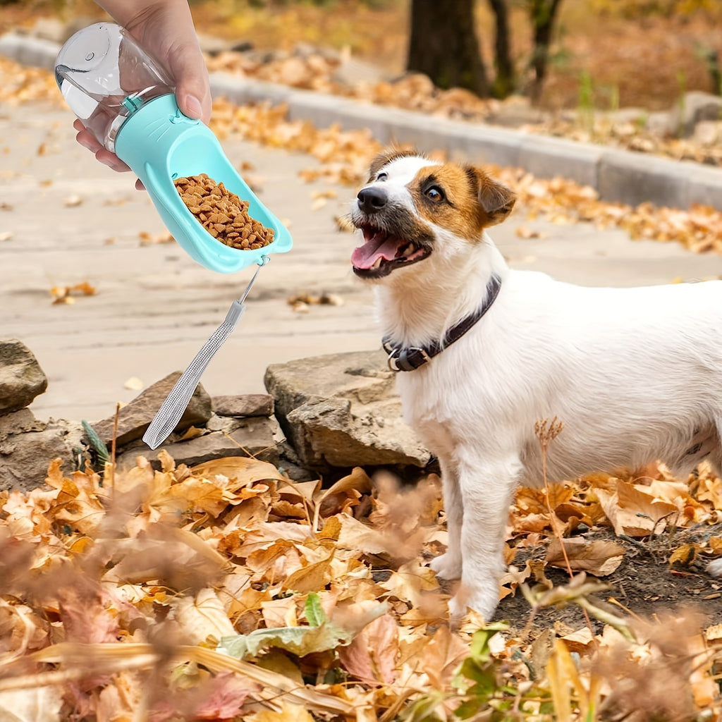 2 in 1 dog water bottle. Leak proof and portable, with food container. To be used anywhere. Hiking, walking, etc