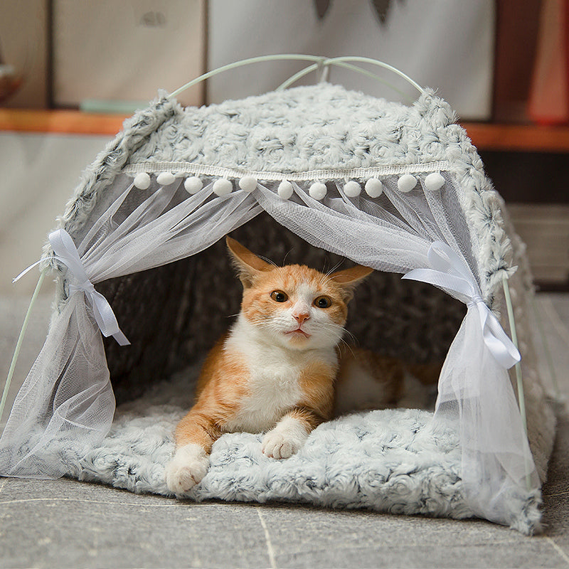 Semi-enclosed pet tent with bed