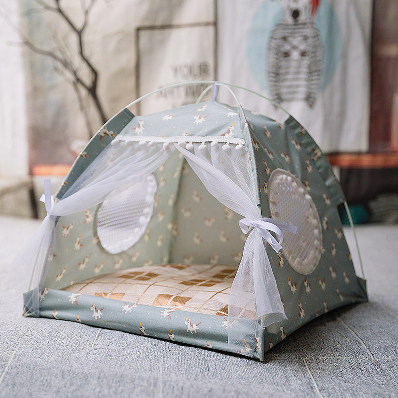 Semi-enclosed pet tent with bed
