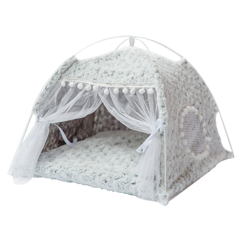 Semi-enclosed pet tent with bed