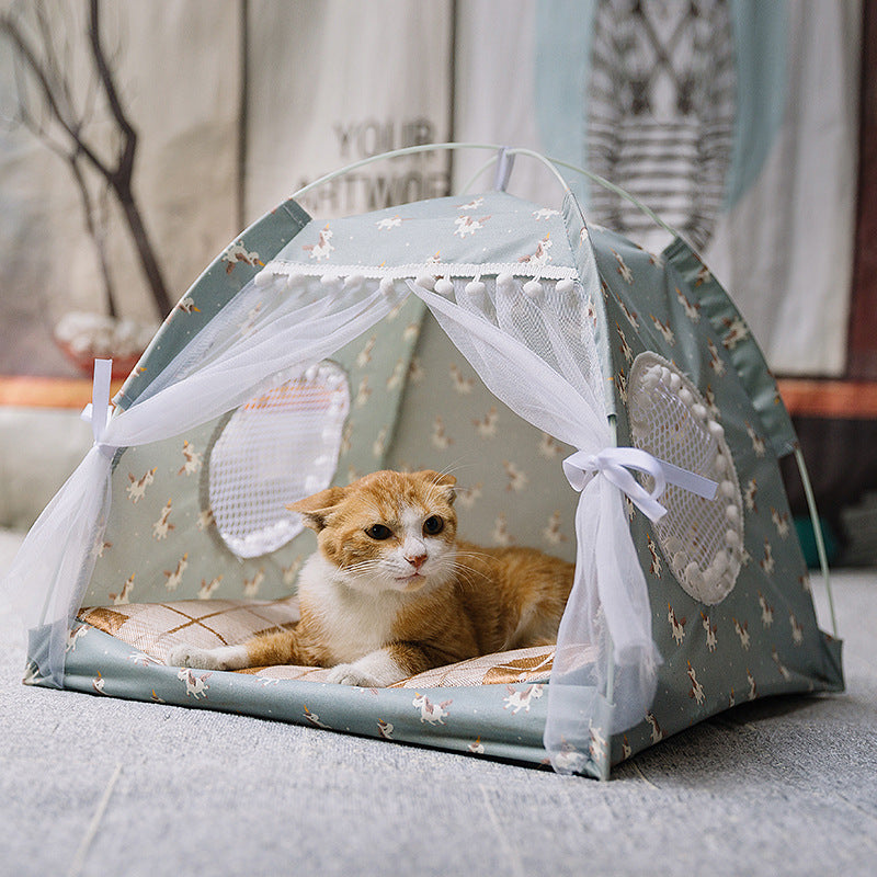 Semi-enclosed pet tent with bed