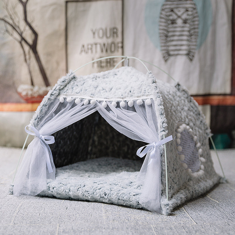 Semi-enclosed pet tent with bed