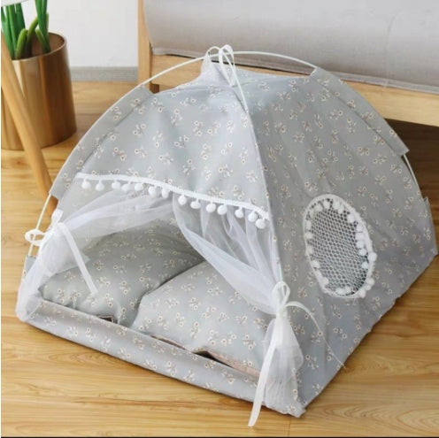 Semi-enclosed pet tent with bed
