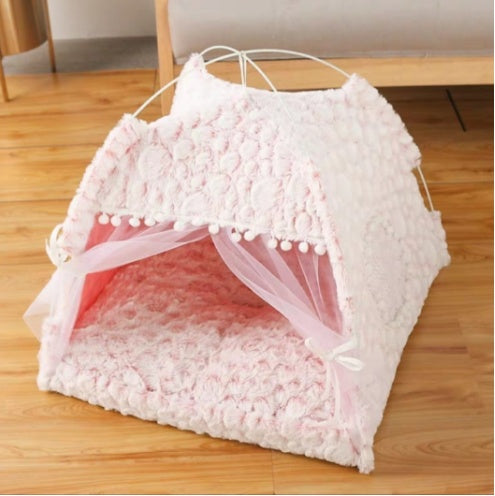 Semi-enclosed pet tent with bed