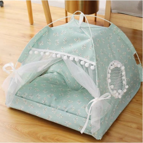 Semi-enclosed pet tent with bed