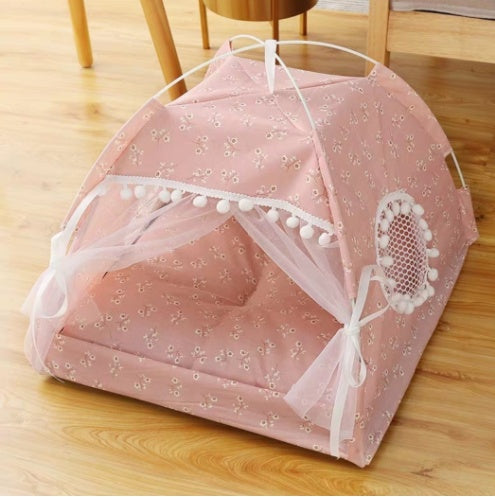 Semi-enclosed pet tent with bed