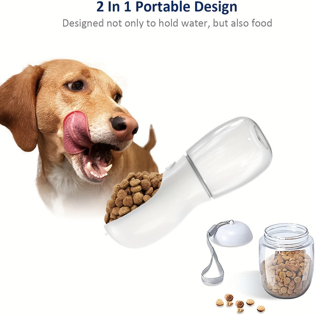 2 in 1 dog water bottle. Leak proof and portable, with food container. To be used anywhere. Hiking, walking, etc