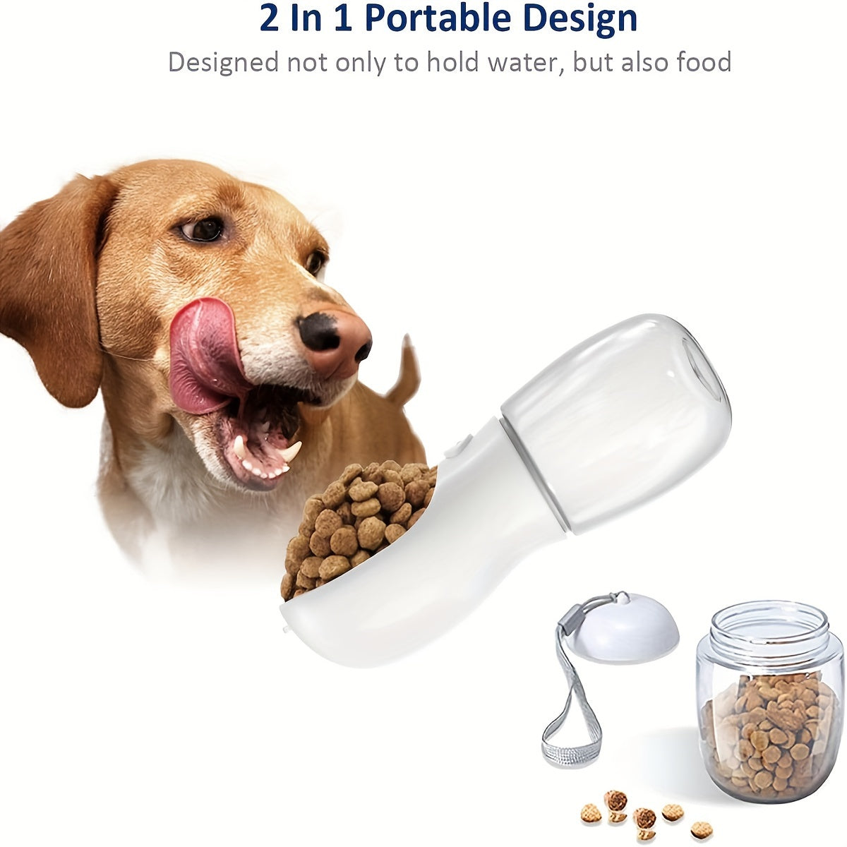 2 in 1 dog water bottle. Leak proof and portable, with food container. To be used anywhere. Hiking, walking, etc