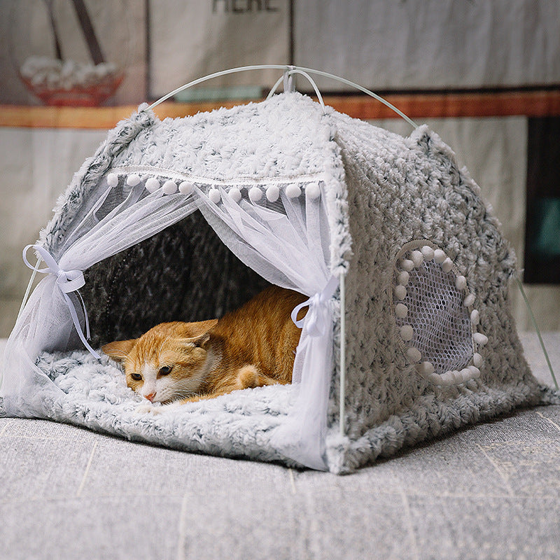 Semi-enclosed pet tent with bed