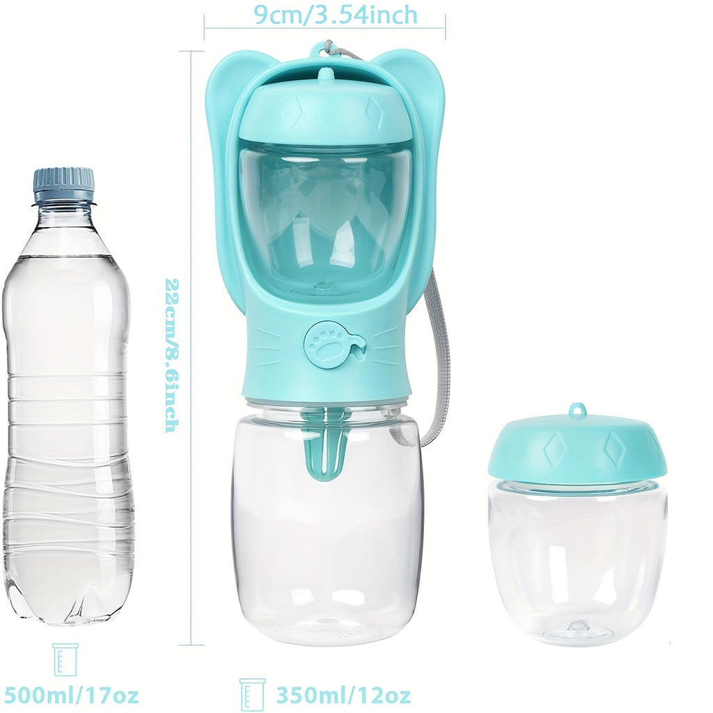 2 in 1 dog water bottle. Leak proof and portable, with food container. To be used anywhere. Hiking, walking, etc