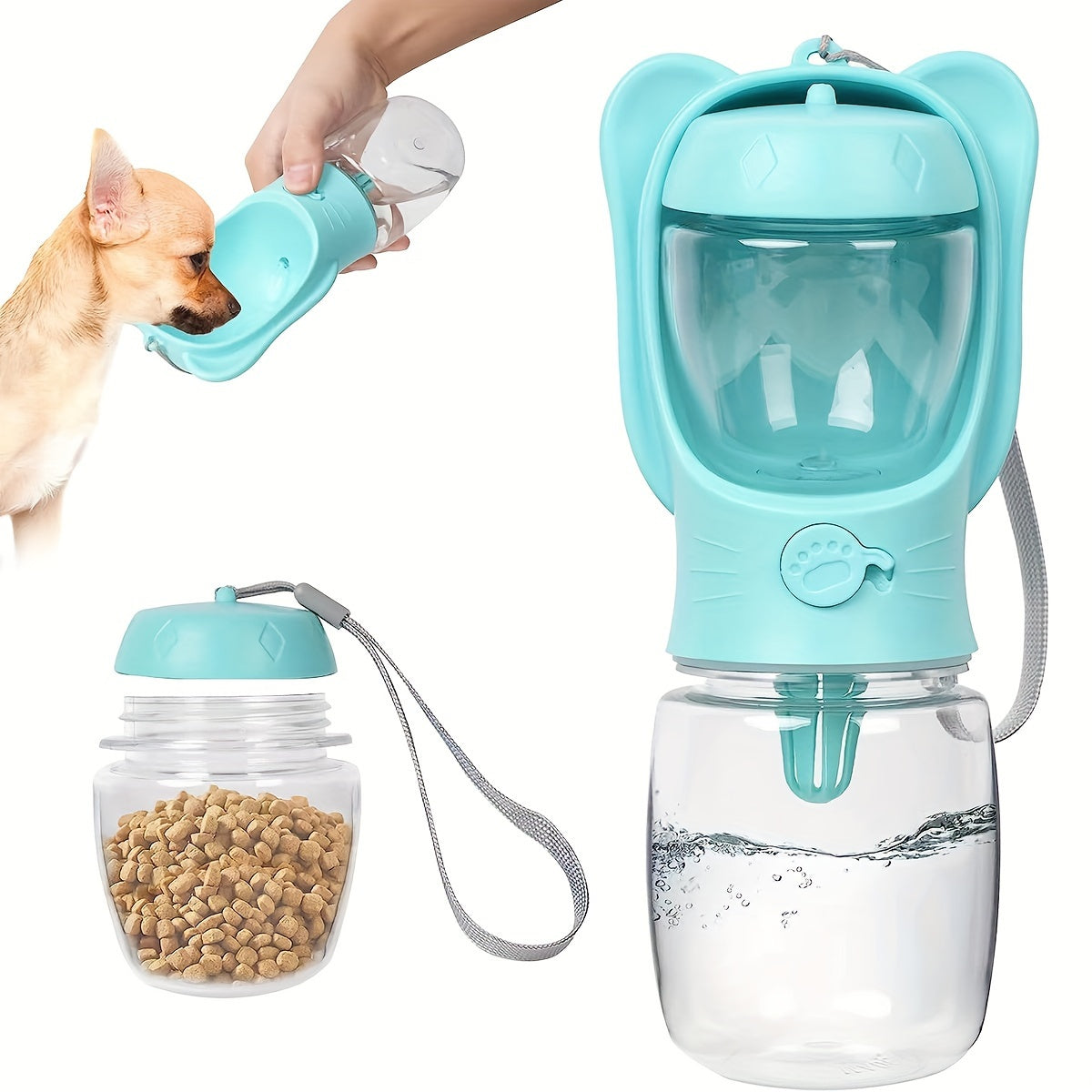 2 in 1 dog water bottle. Leak proof and portable, with food container. To be used anywhere. Hiking, walking, etc