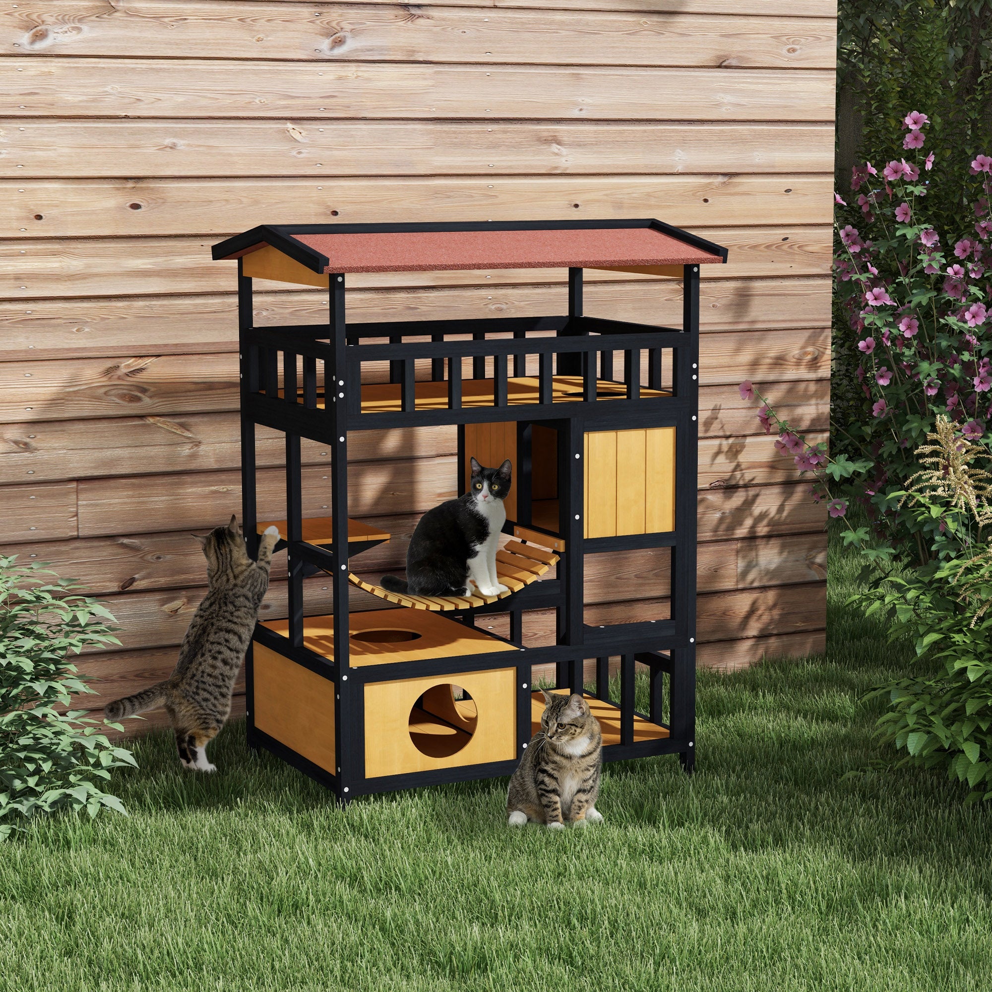 4 tier wooden cat shelter for outdoors.