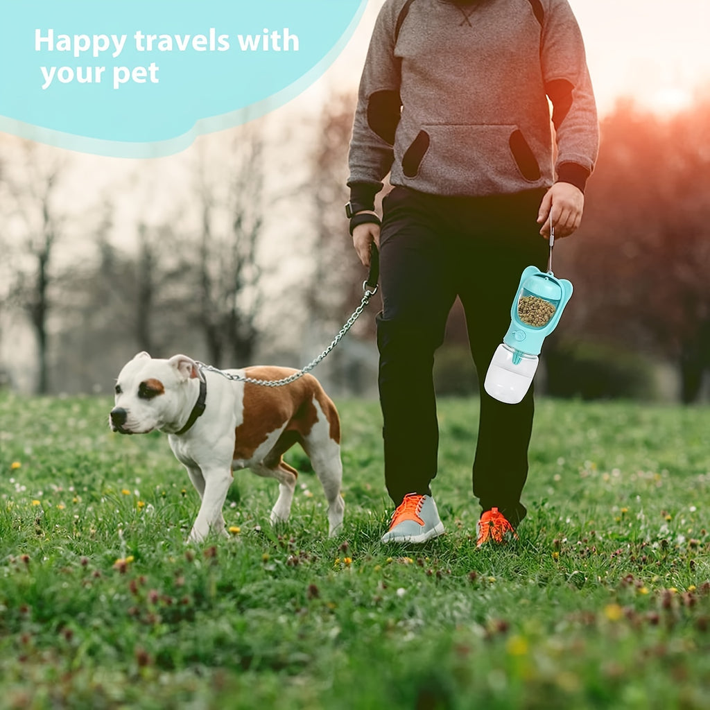 2 in 1 dog water bottle. Leak proof and portable, with food container. To be used anywhere. Hiking, walking, etc