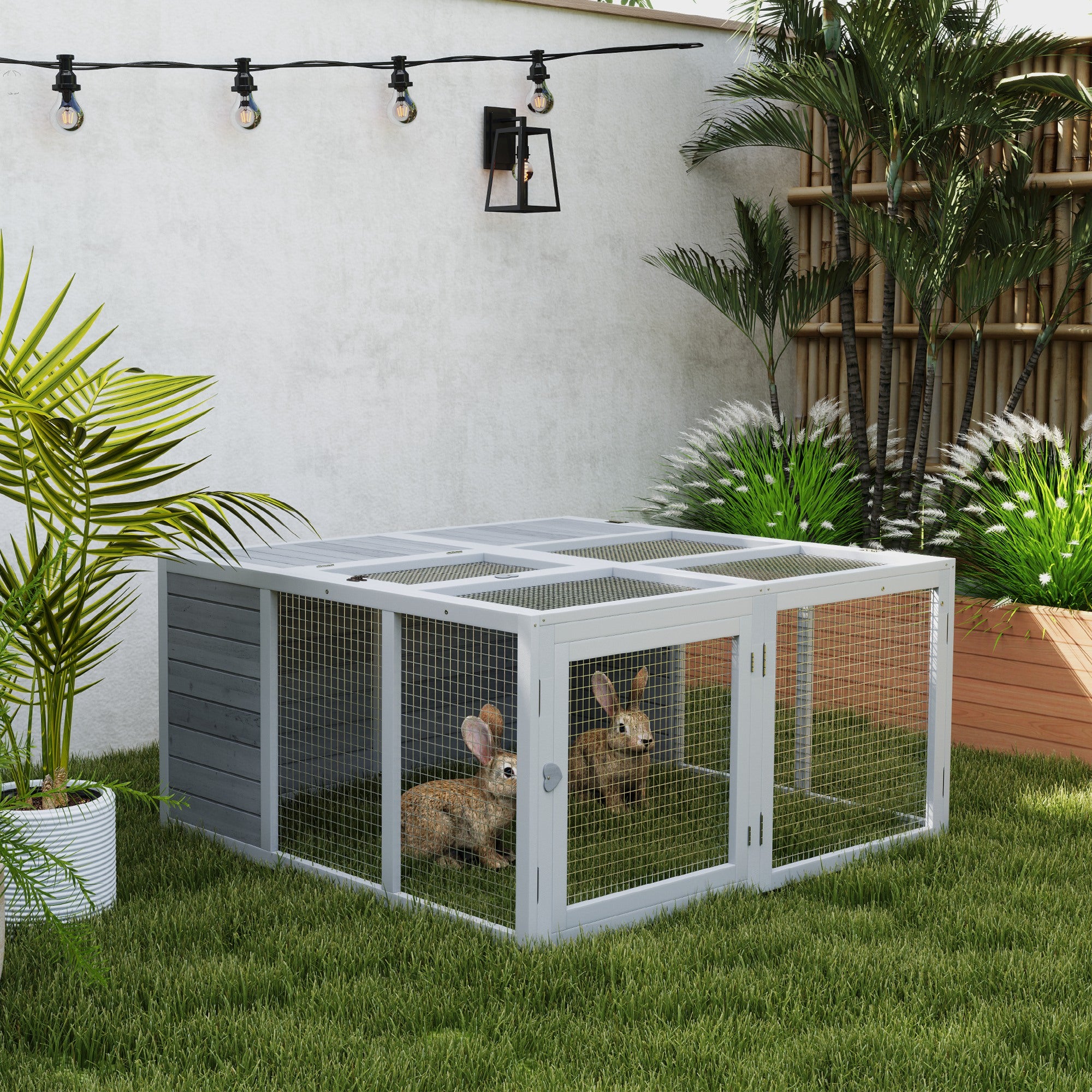 Rabbit Hutch With Openable and Foldable Roof, Light Grey/white